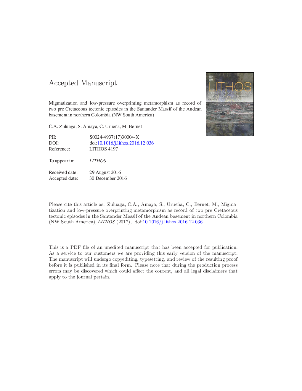 Migmatization and low-pressure overprinting metamorphism as record of two pre-Cretaceous tectonic episodes in the Santander Massif of the Andean basement in northern Colombia (NW South America)