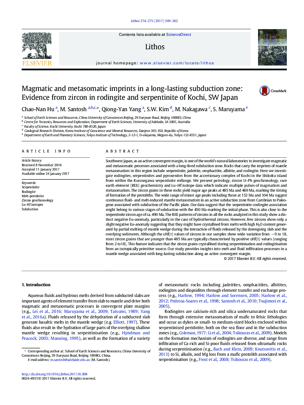 Magmatic and metasomatic imprints in a long-lasting subduction zone: Evidence from zircon in rodingite and serpentinite of Kochi, SW Japan