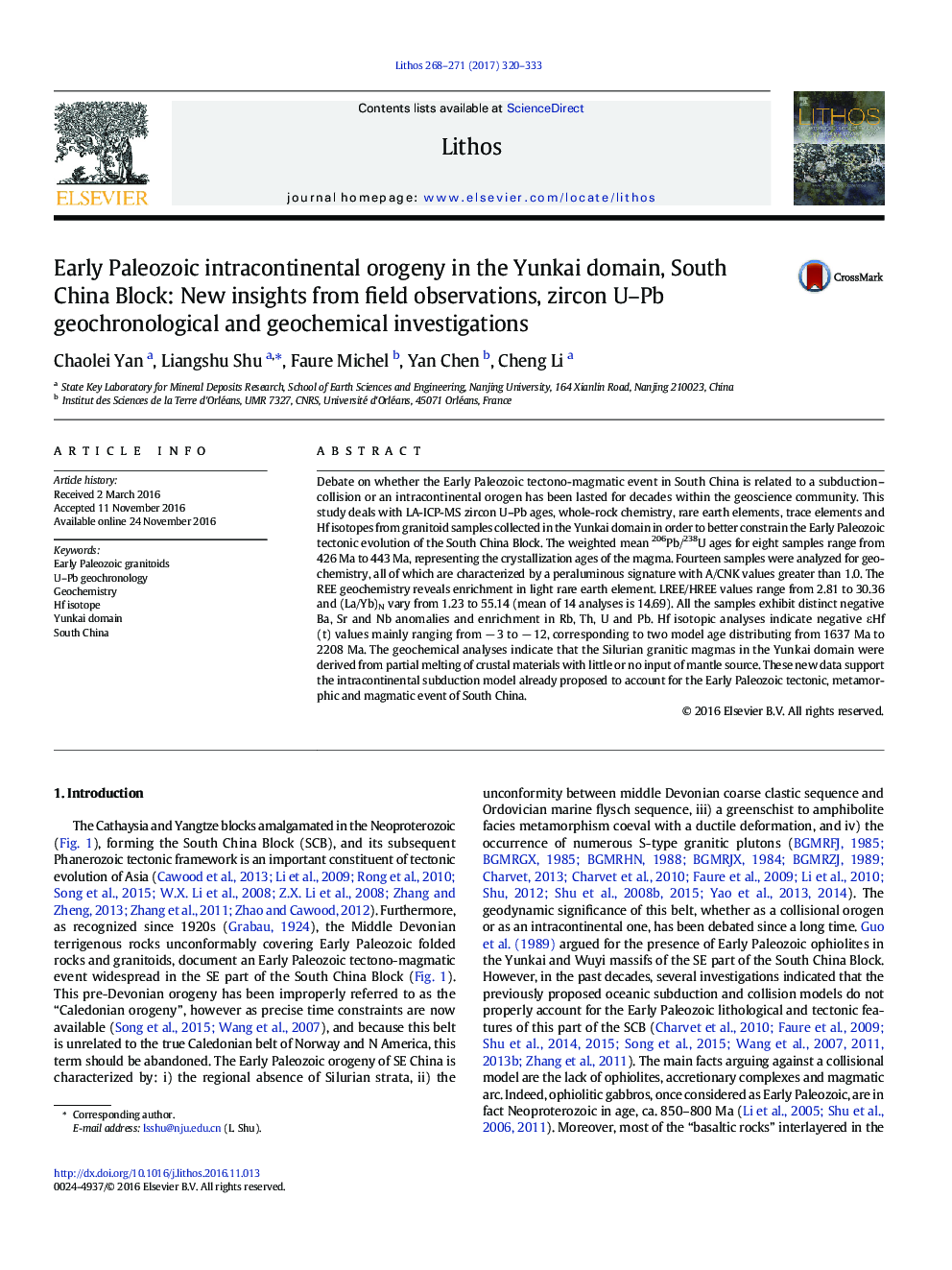 Early Paleozoic intracontinental orogeny in the Yunkai domain, South China Block: New insights from field observations, zircon U-Pb geochronological and geochemical investigations