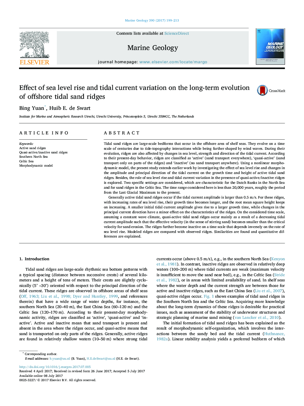 Effect of sea level rise and tidal current variation on the long-term evolution of offshore tidal sand ridges