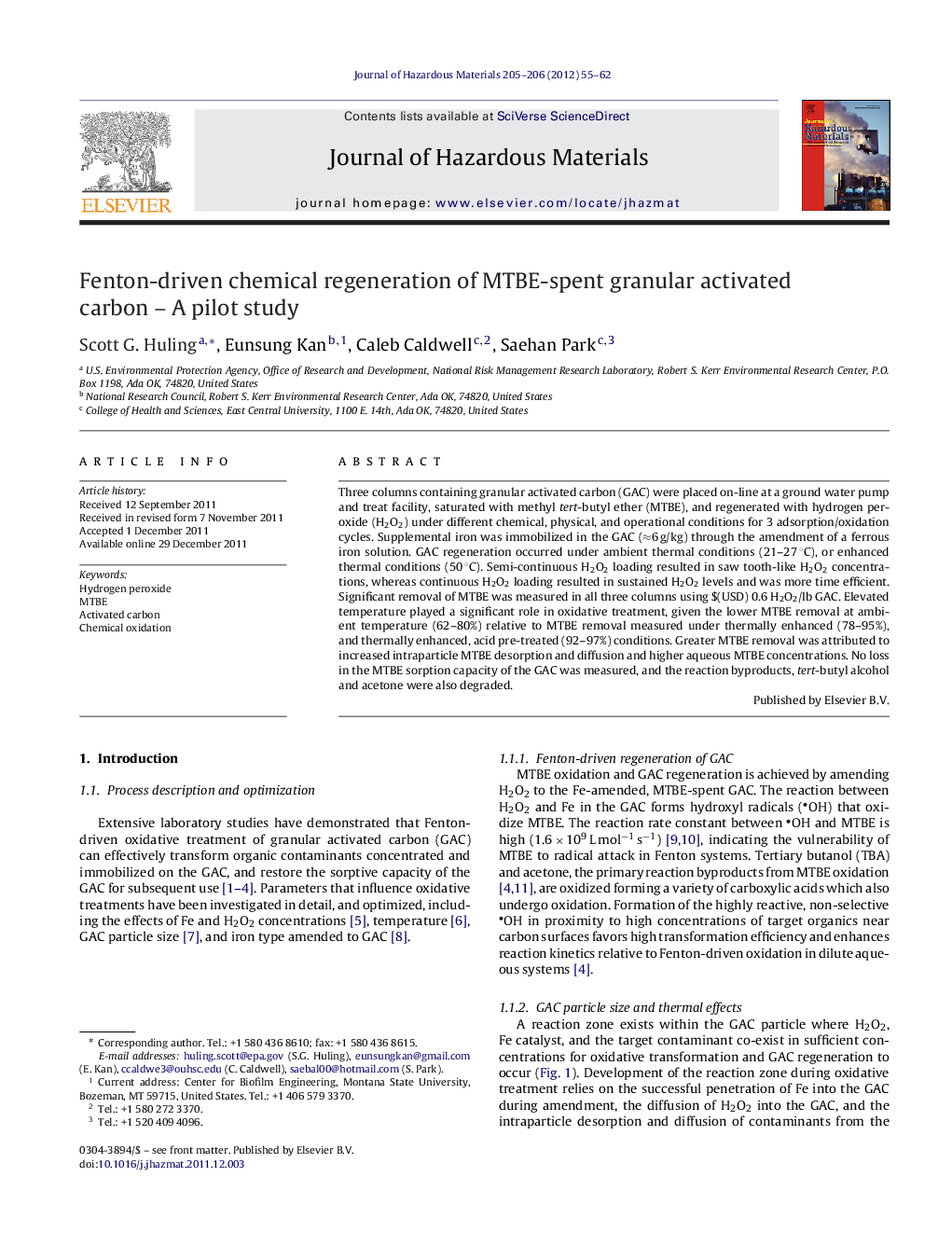 Fenton-driven chemical regeneration of MTBE-spent granular activated carbon - A pilot study