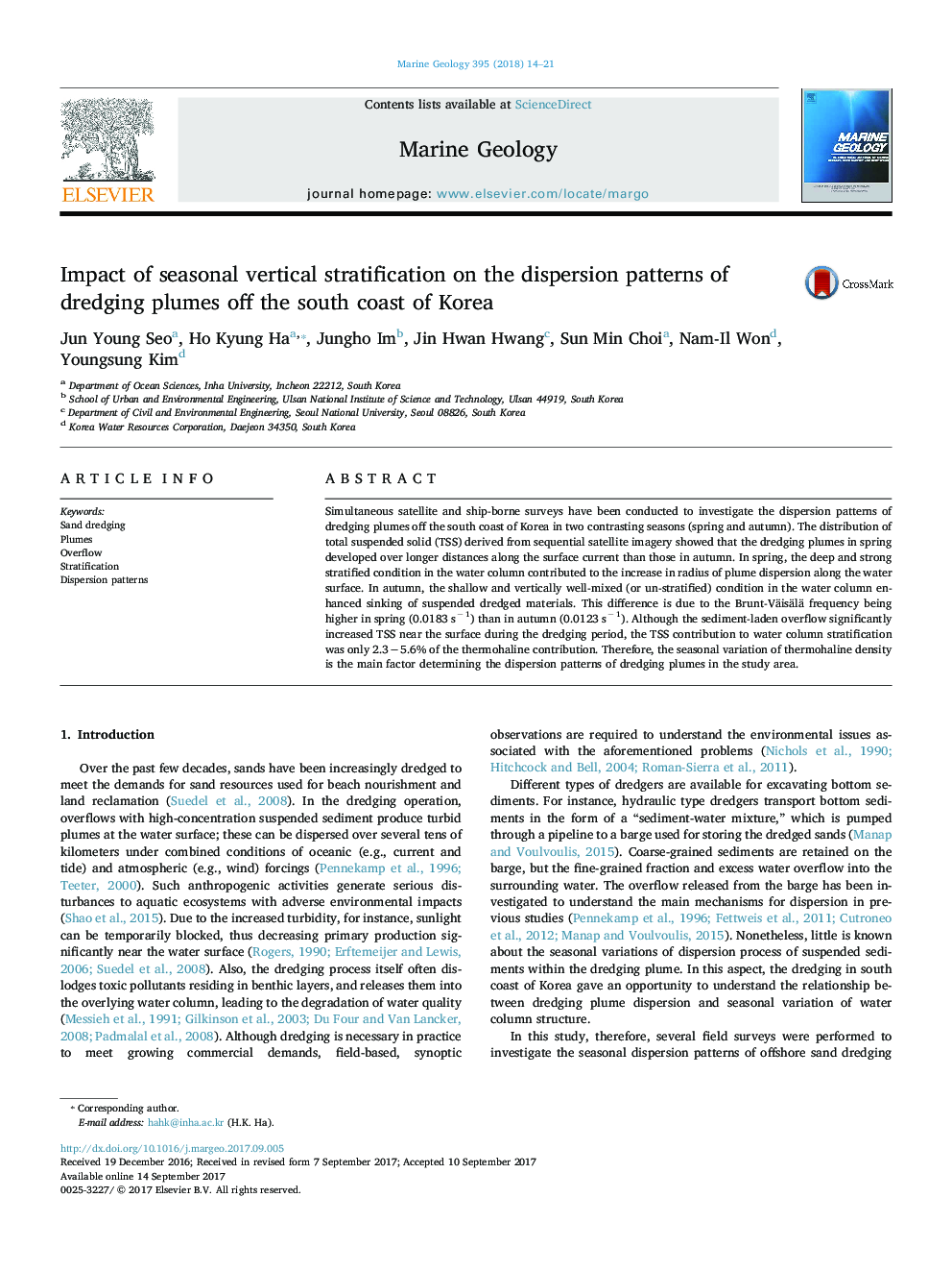 Impact of seasonal vertical stratification on the dispersion patterns of dredging plumes off the south coast of Korea