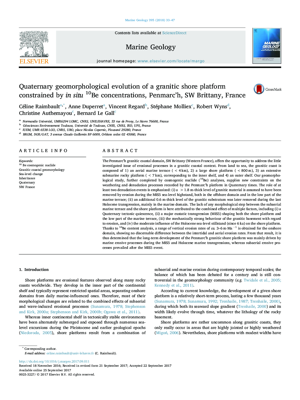 Quaternary geomorphological evolution of a granitic shore platform constrained by in situ 10Be concentrations, Penmarc'h, SW Brittany, France