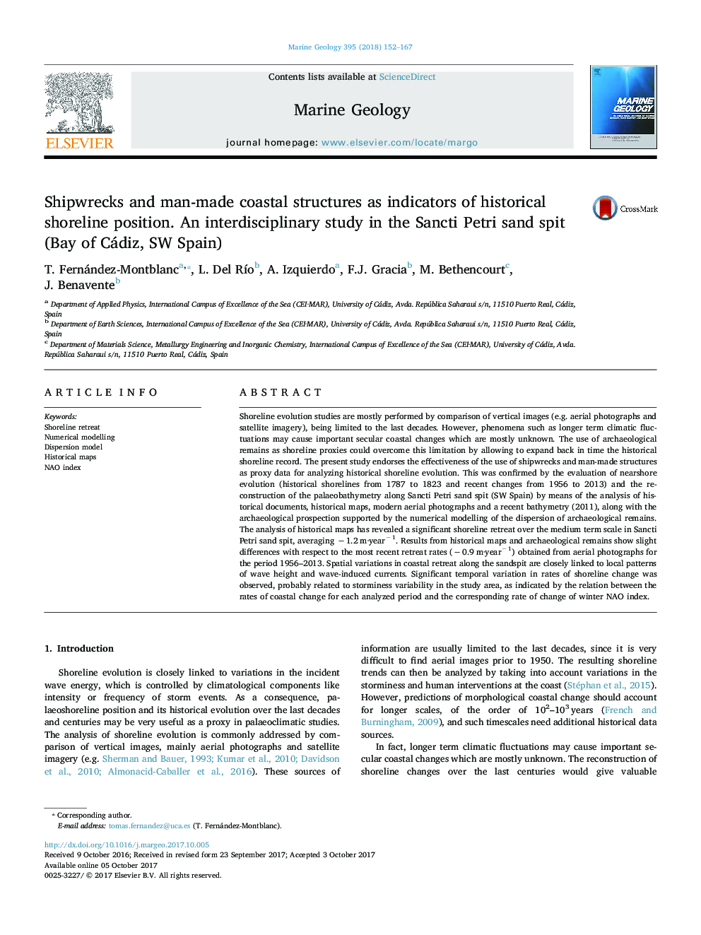 Shipwrecks and man-made coastal structures as indicators of historical shoreline position. An interdisciplinary study in the Sancti Petri sand spit (Bay of Cádiz, SW Spain)