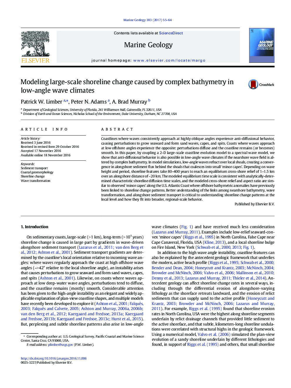 Modeling large-scale shoreline change caused by complex bathymetry in low-angle wave climates