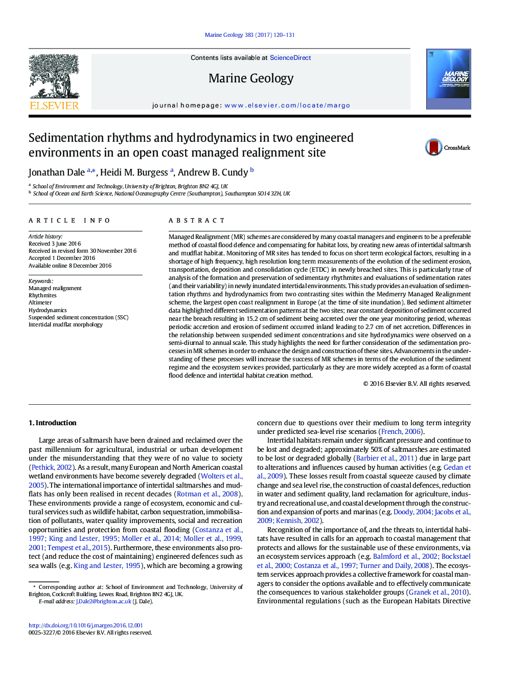 Sedimentation rhythms and hydrodynamics in two engineered environments in an open coast managed realignment site