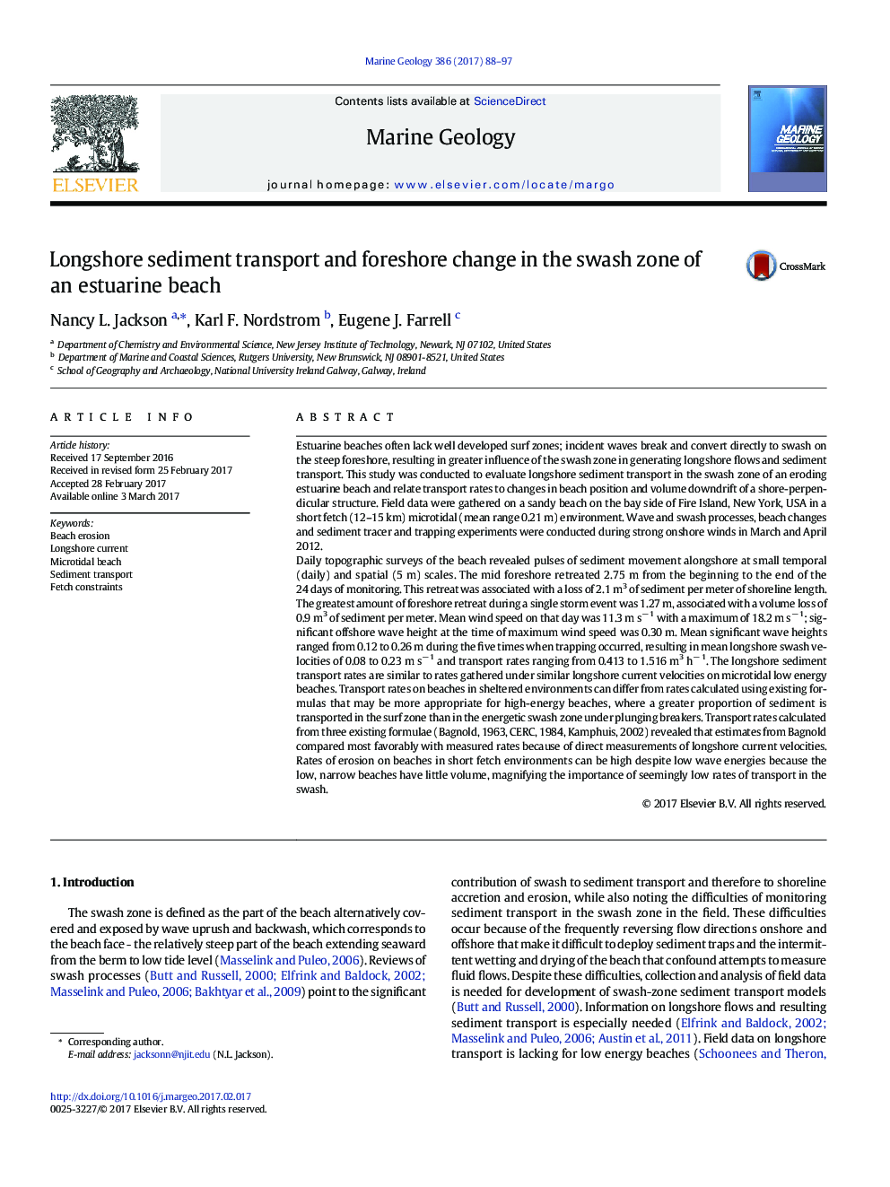 Longshore sediment transport and foreshore change in the swash zone of an estuarine beach