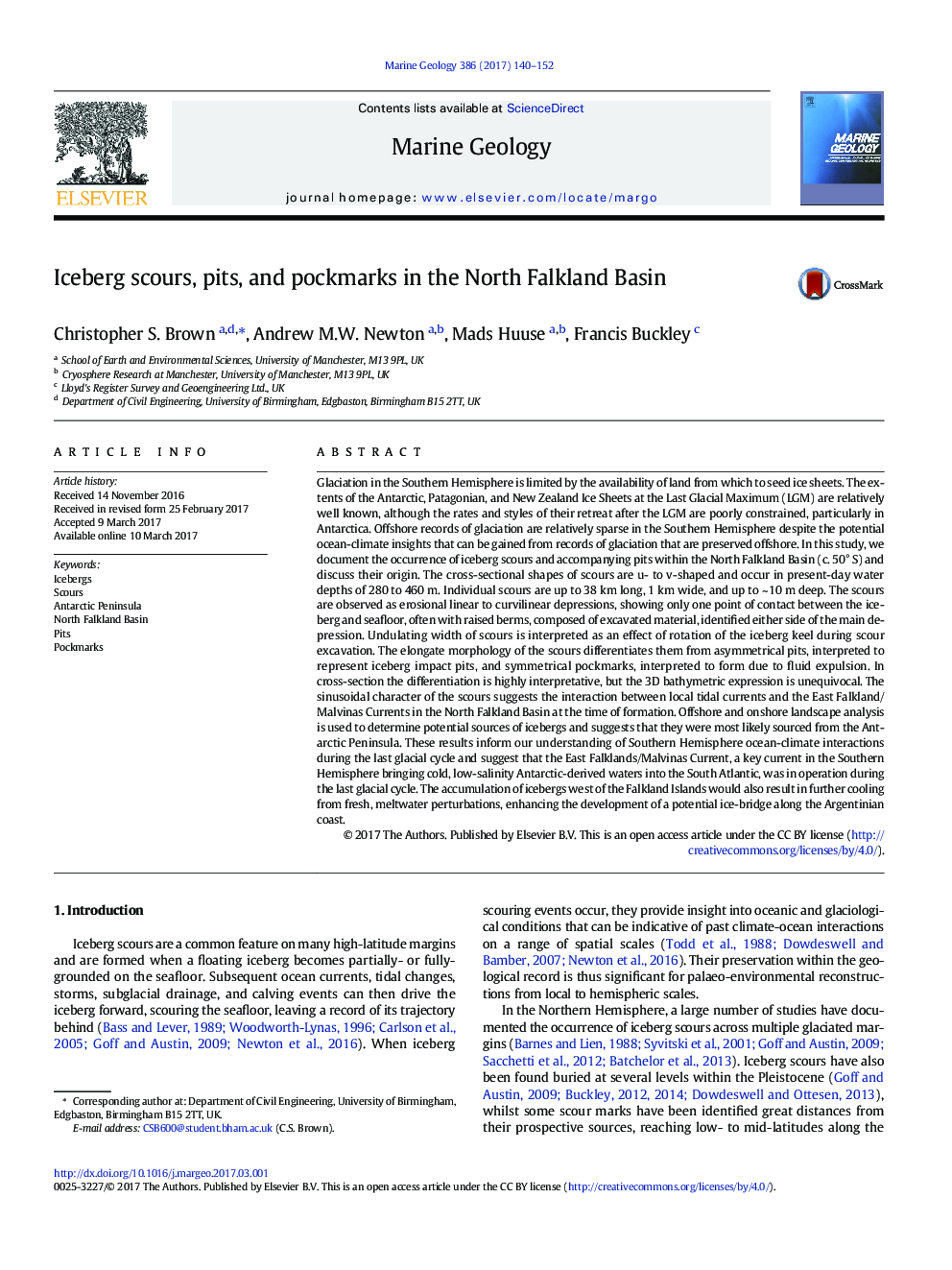 Iceberg scours, pits, and pockmarks in the North Falkland Basin