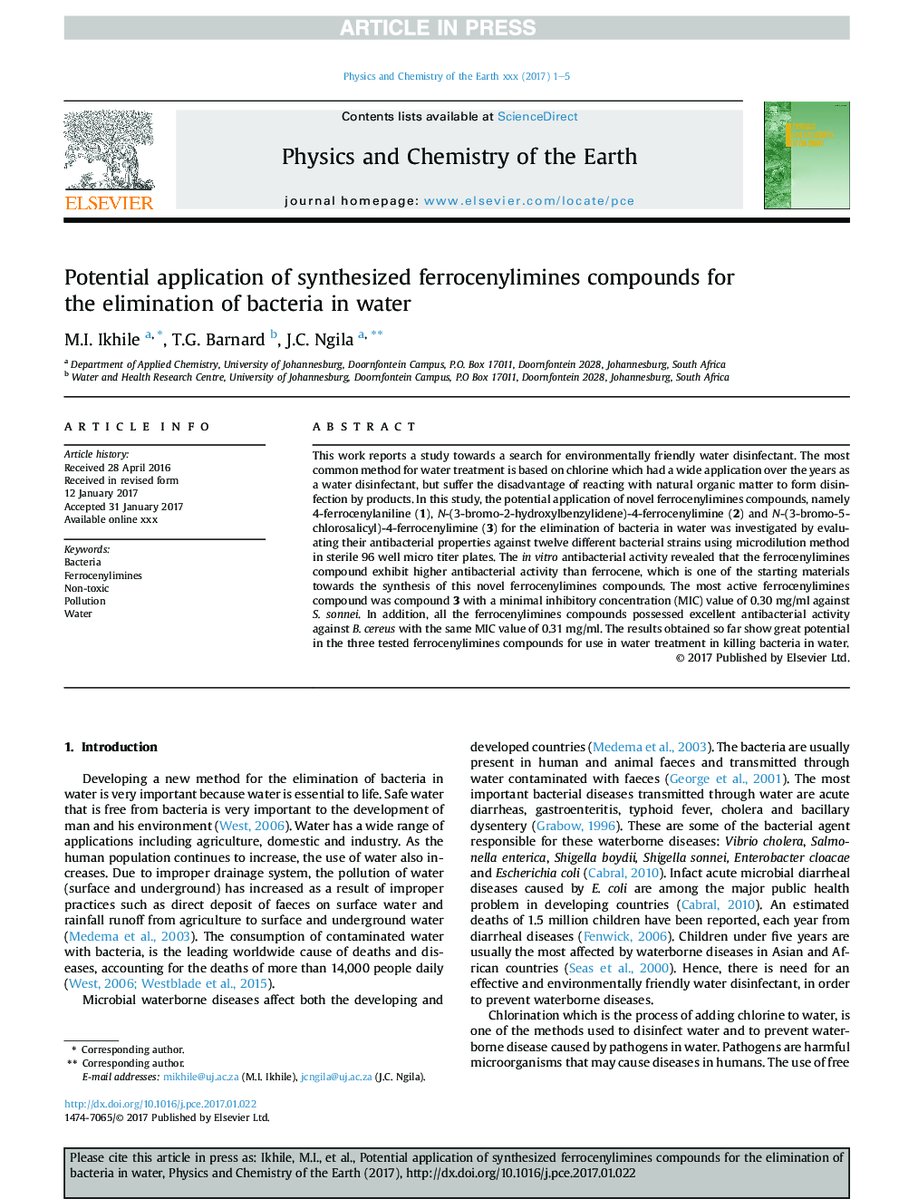 Potential application of synthesized ferrocenylimines compounds for the elimination of bacteria in water