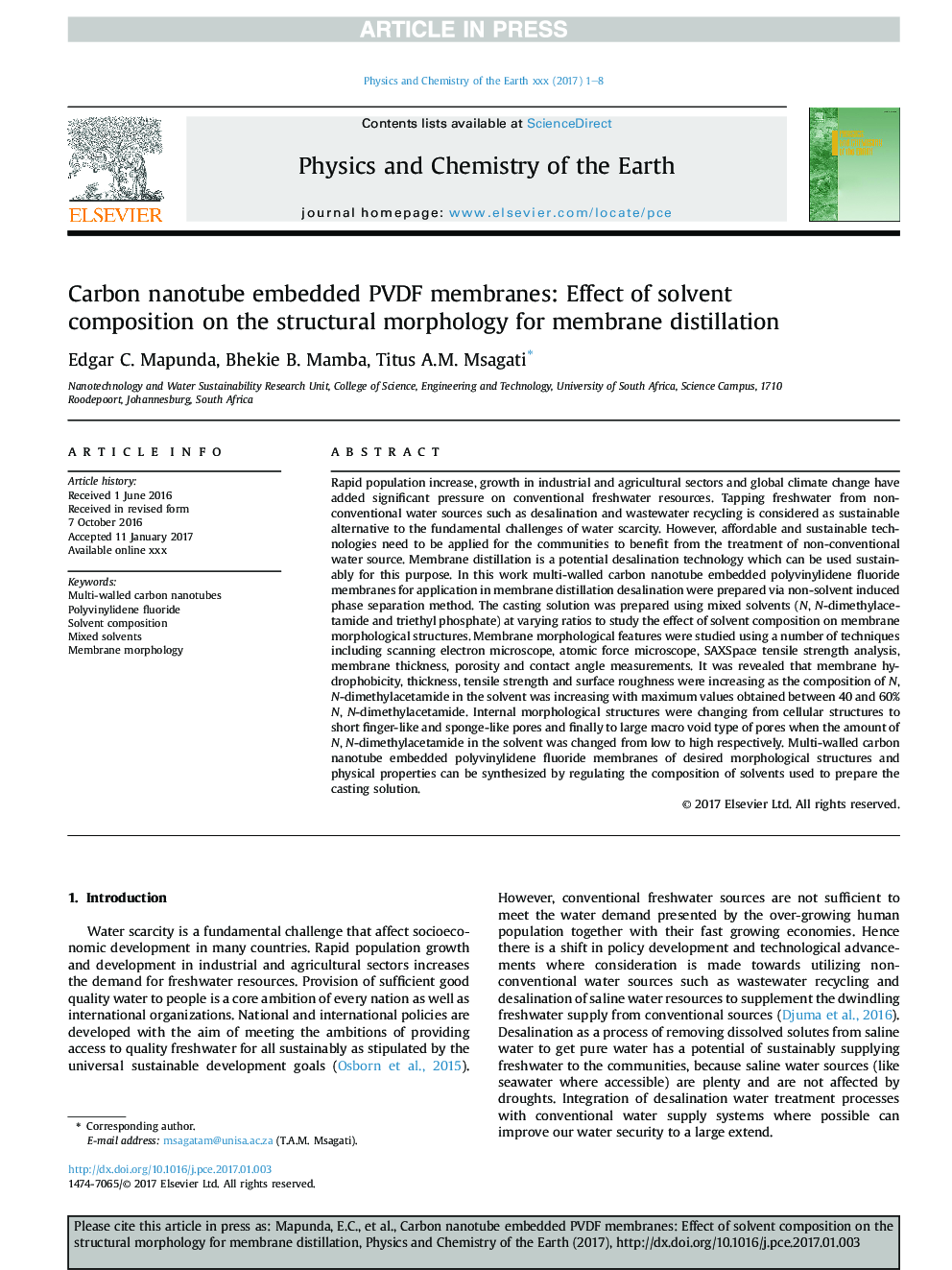 Carbon nanotube embedded PVDF membranes: Effect of solvent composition on the structural morphology for membrane distillation