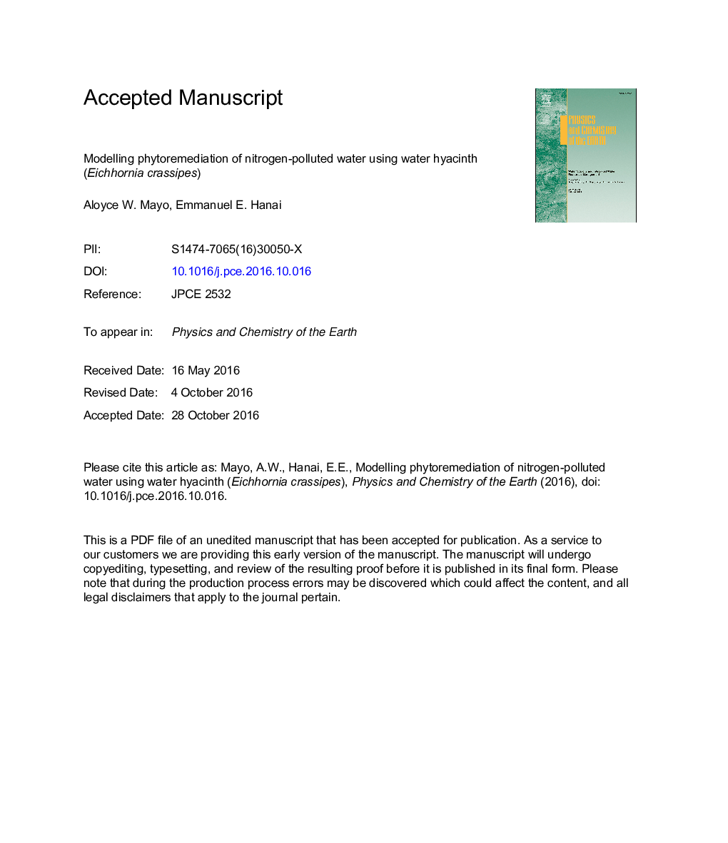 Modeling phytoremediation of nitrogen-polluted water using water hyacinth (Eichhornia crassipes)