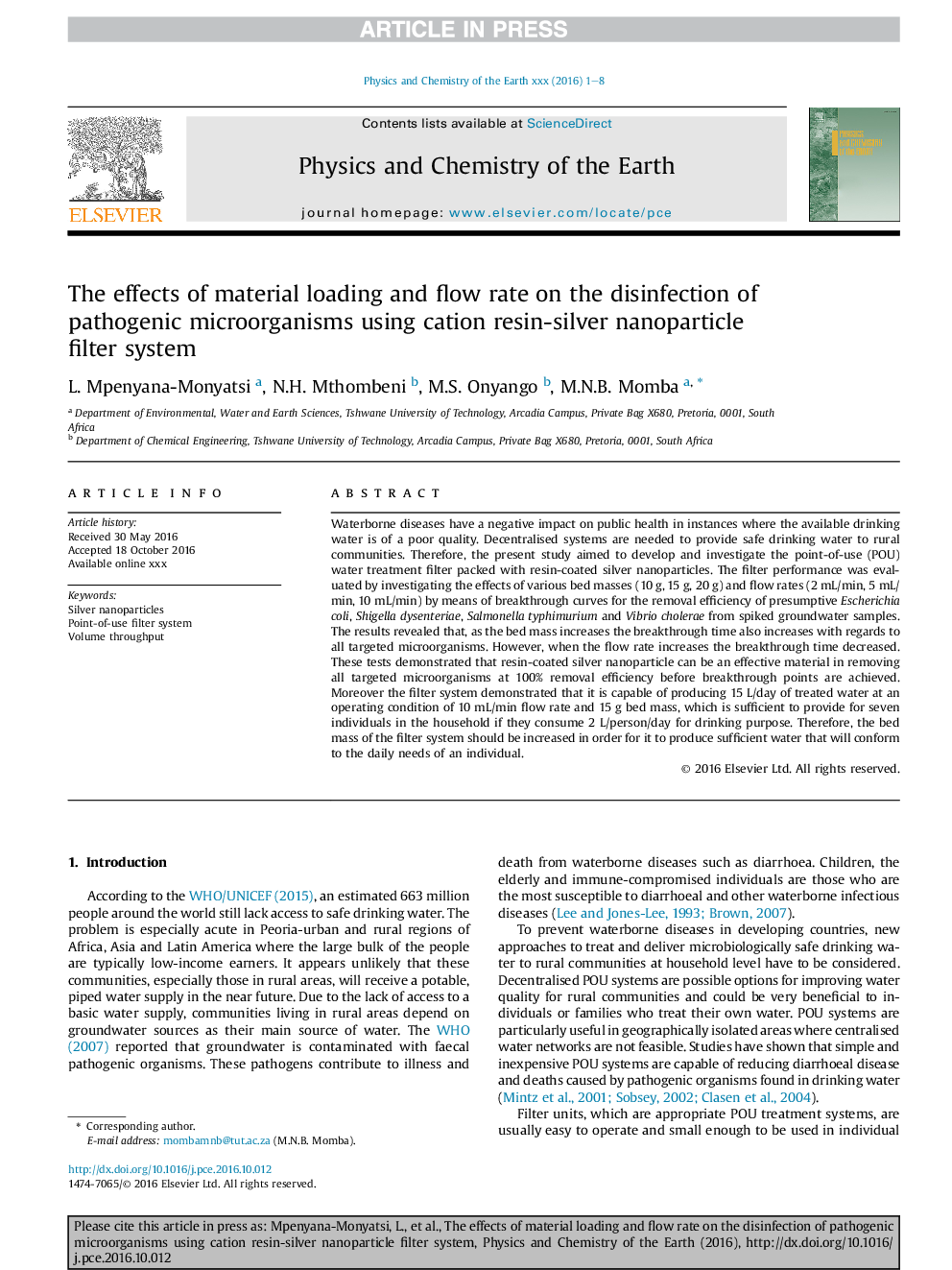 The effects of material loading and flow rate on the disinfection of pathogenic microorganisms using cation resin-silver nanoparticle filter system