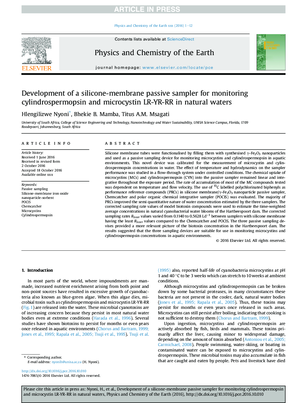 Development of a silicone-membrane passive sampler for monitoring cylindrospermopsin and microcystin LR-YR-RR in natural waters