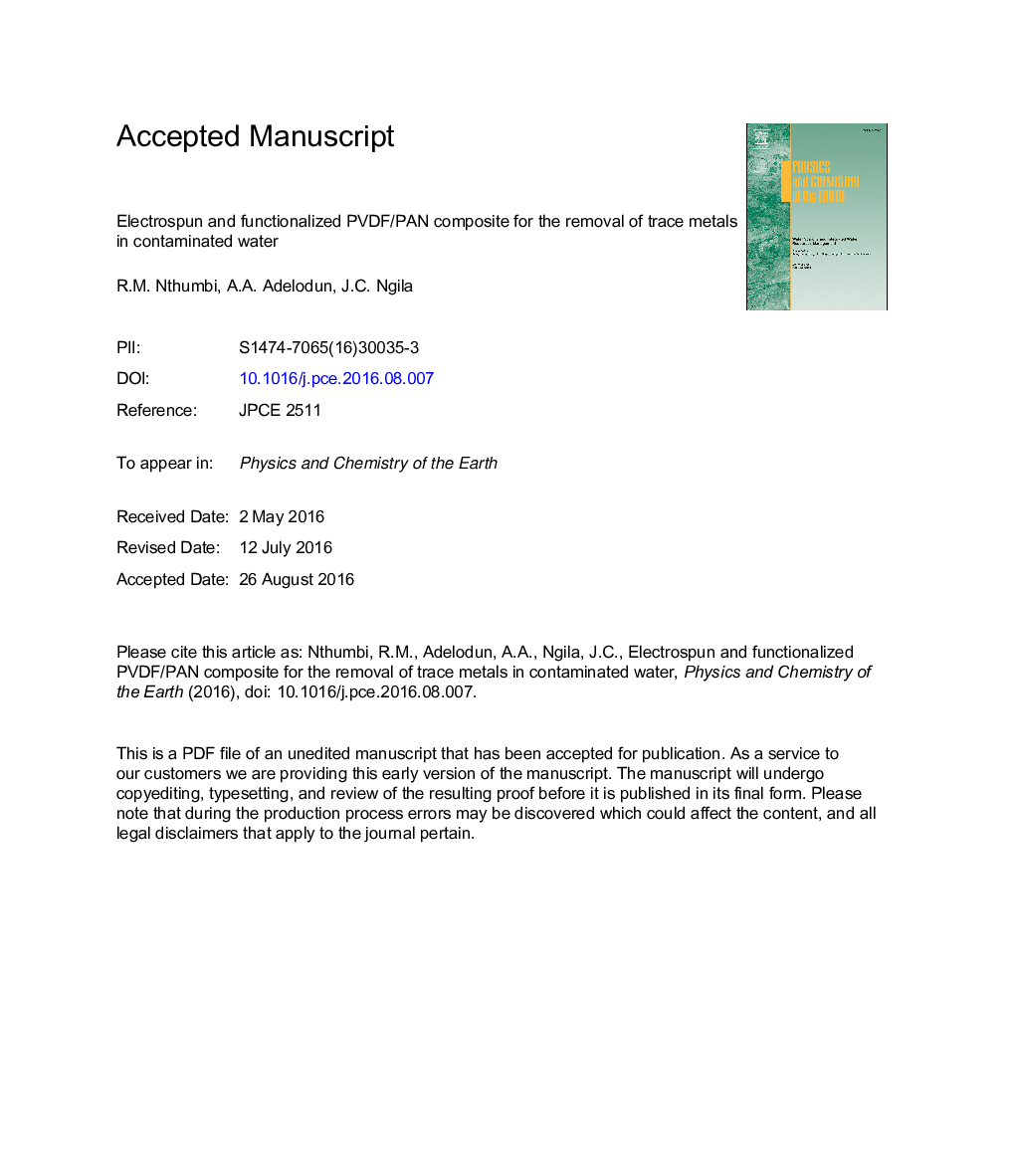 Electrospun and functionalized PVDF/PAN composite for the removal of trace metals in contaminated water