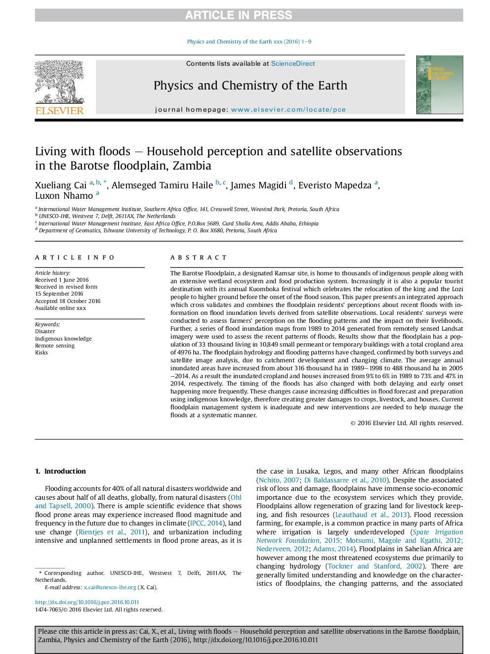 Living with floods - Household perception and satellite observations in the Barotse floodplain, Zambia