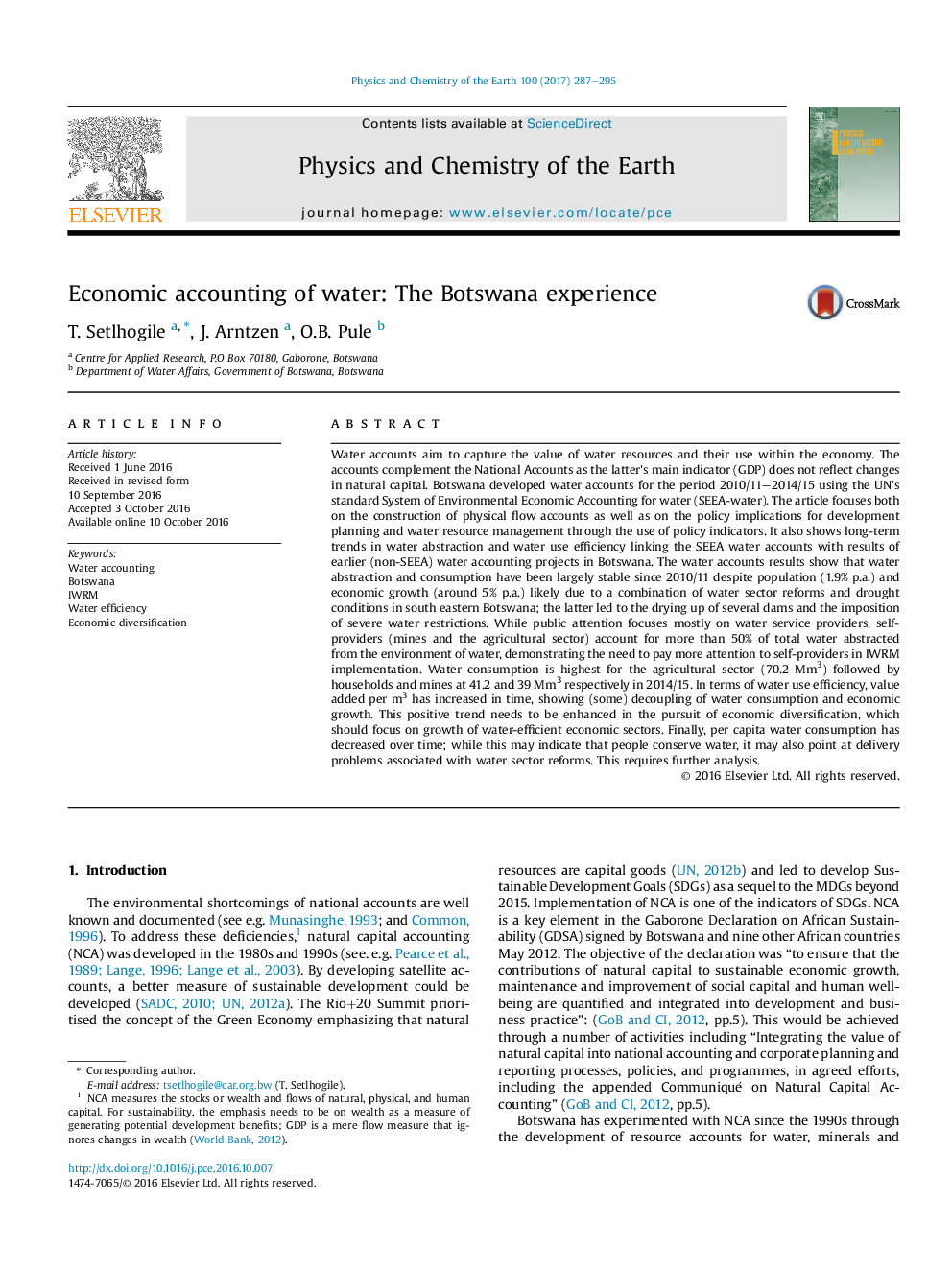 Economic accounting of water: The Botswana experience