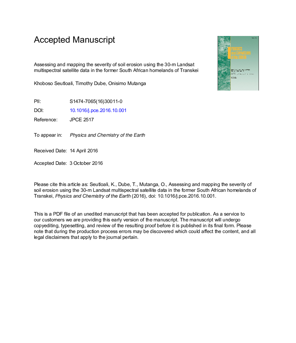 Assessing and mapping the severity of soil erosion using the 30-m Landsat multispectral satellite data in the former South African homelands of Transkei