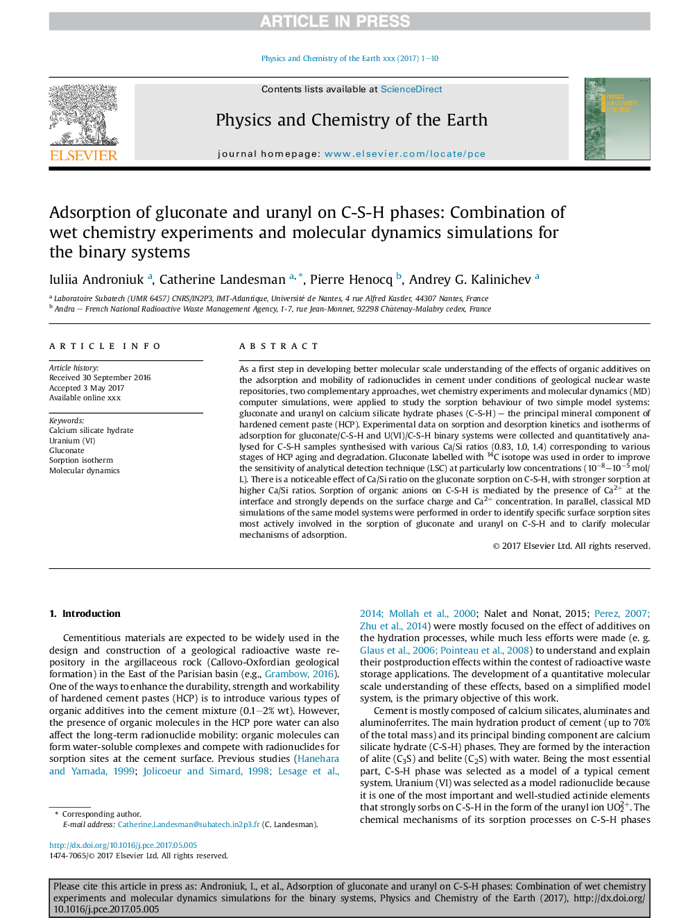 عکس صفحه اول مقاله: Adsorption of gluconate and uranyl on C-S-H phases: Combination of wet chemistry experiments and molecular dynamics simulations for the binary systems Adsorption of gluconate and uranyl on C-S-H phases: Combination of wet chemistry experiments and molecular dynamics simulations for the binary systems