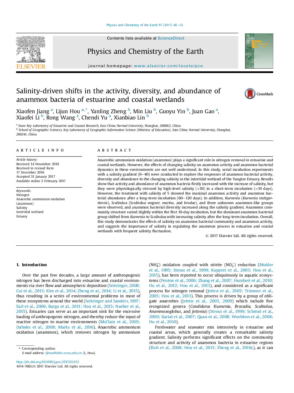 Salinity-driven shifts in the activity, diversity, and abundance of anammox bacteria of estuarine and coastal wetlands