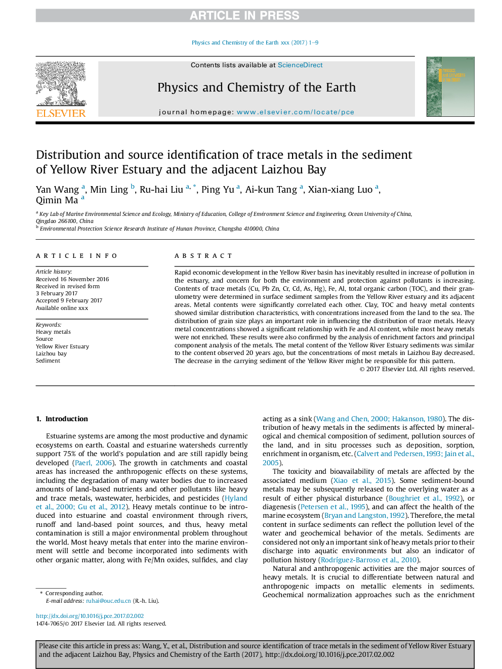 Distribution and source identification of trace metals in the sediment of Yellow River Estuary and the adjacent Laizhou Bay