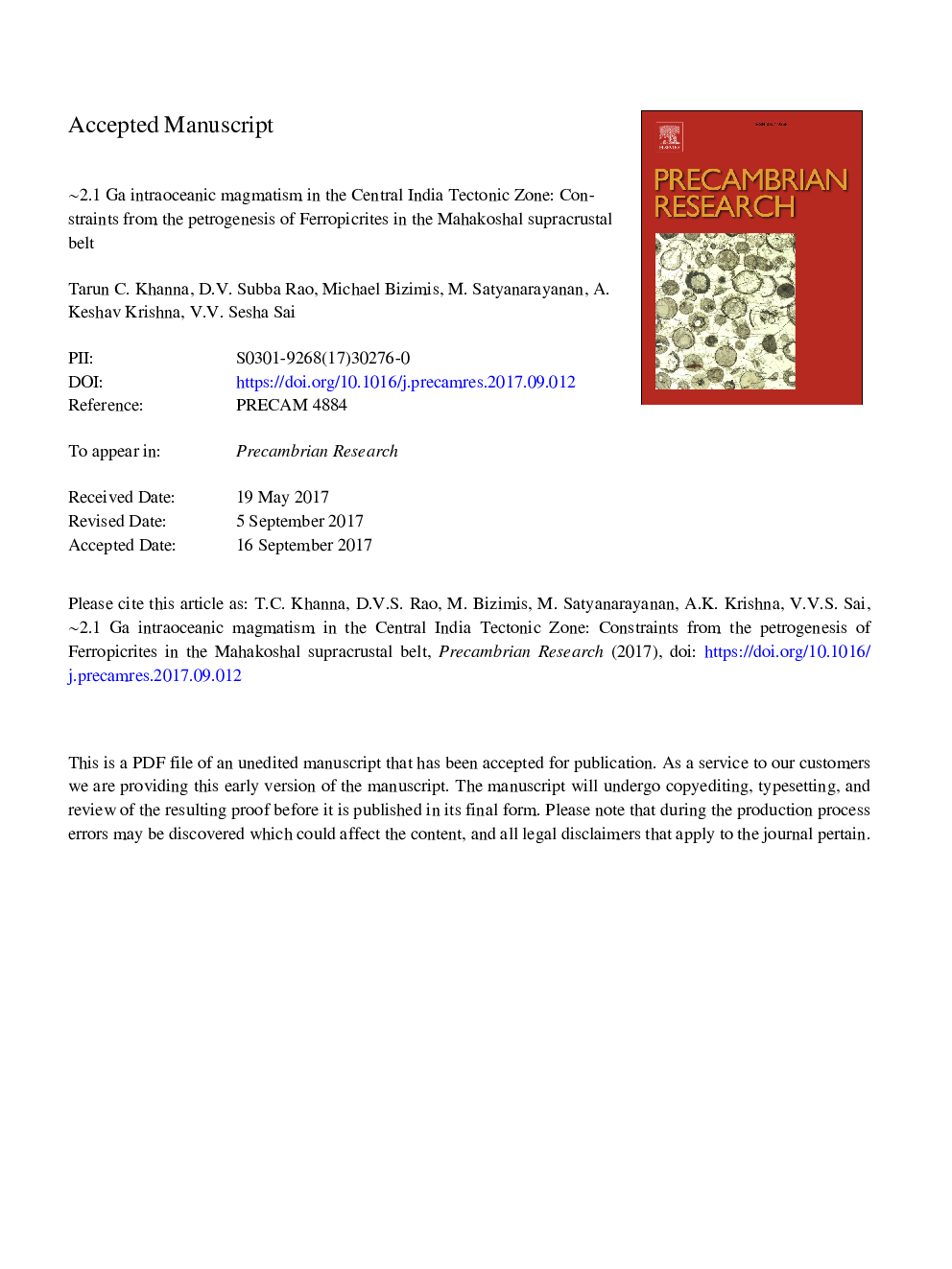 â¼2.1Â Ga intraoceanic magmatism in the Central India Tectonic Zone: Constraints from the petrogenesis of ferropicrites in the Mahakoshal supracrustal belt