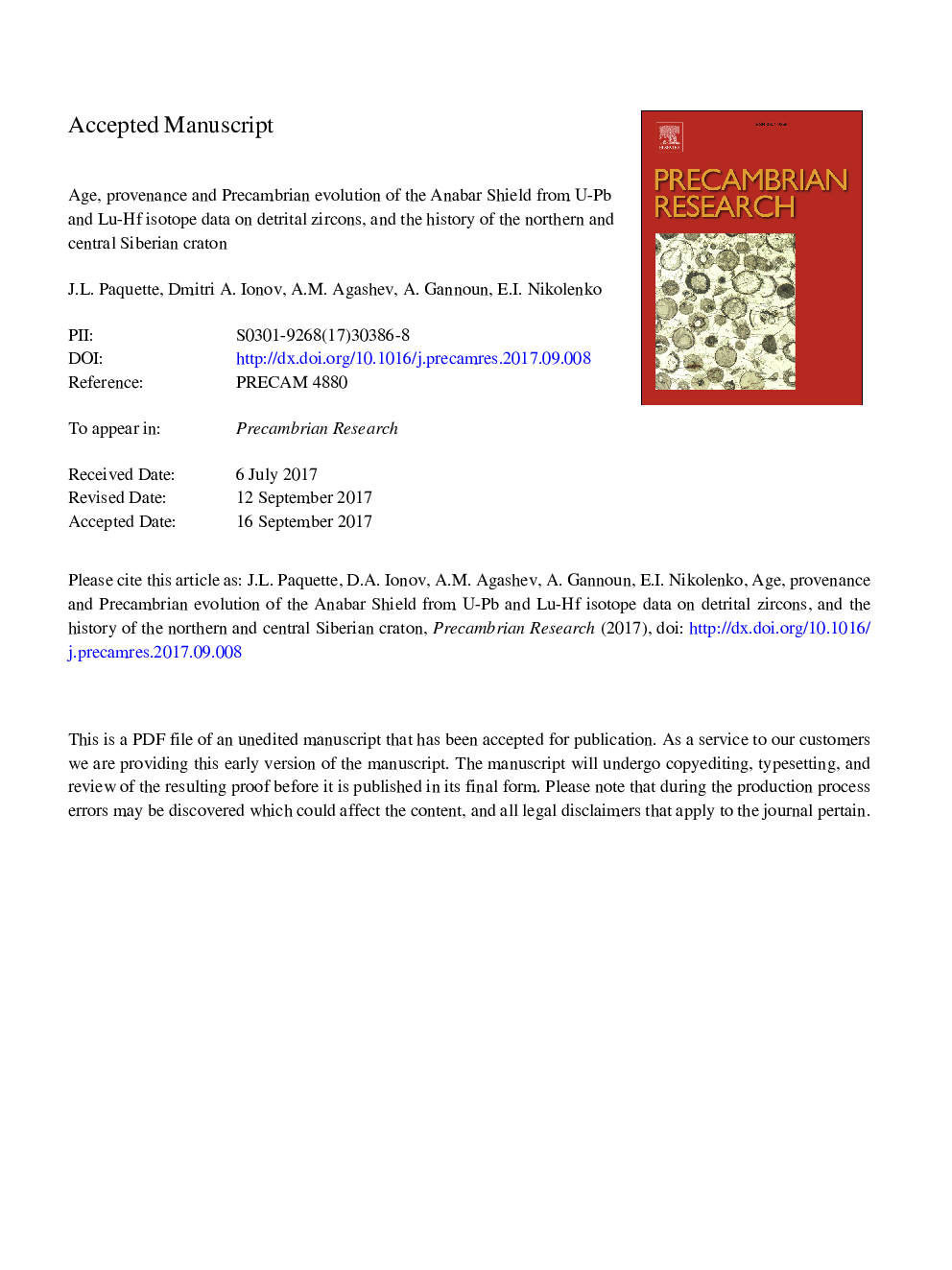 Age, provenance and Precambrian evolution of the Anabar shield from U-Pb and Lu-Hf isotope data on detrital zircons, and the history of the northern and central Siberian craton