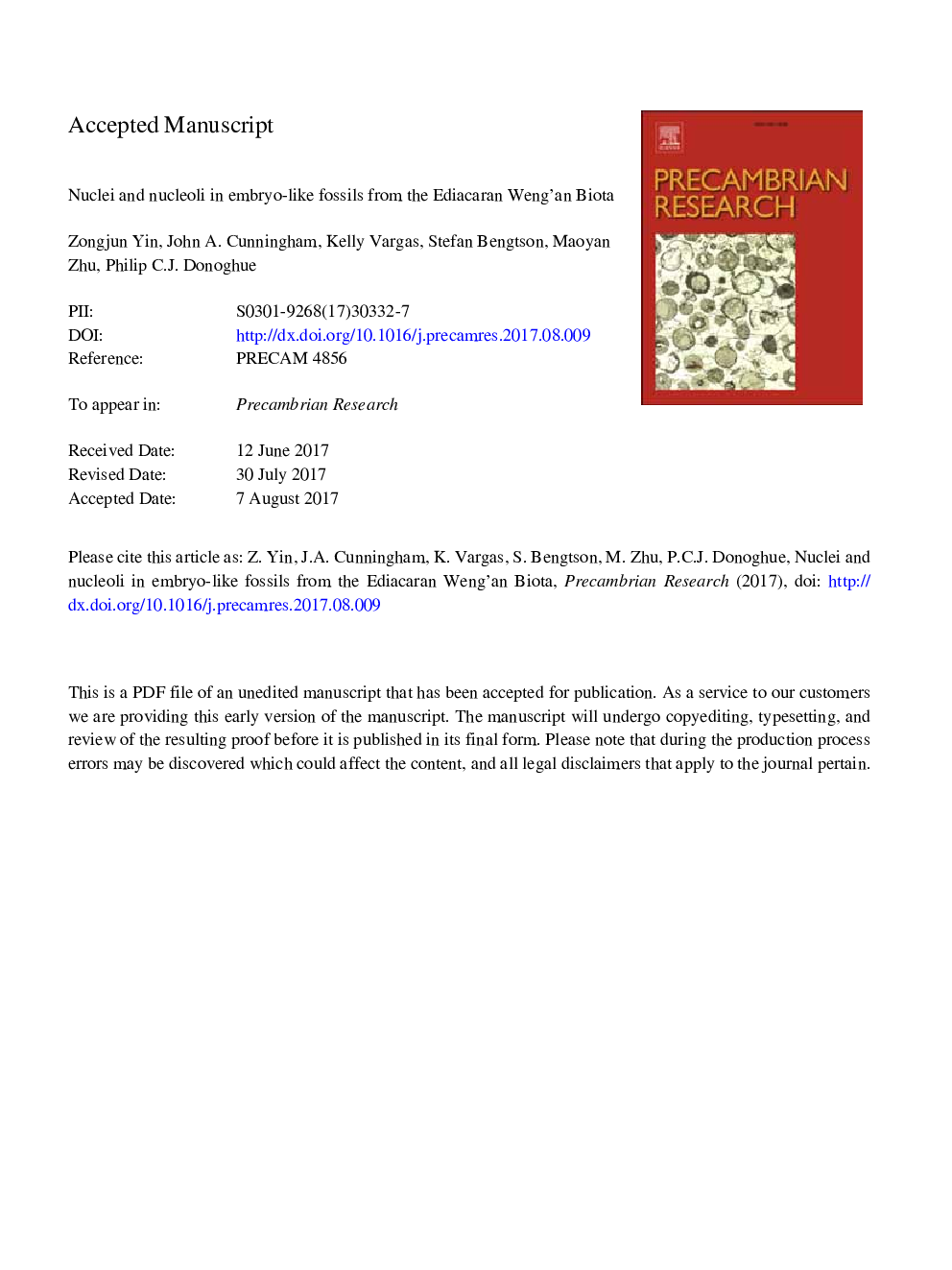 Nuclei and nucleoli in embryo-like fossils from the Ediacaran Weng'an Biota