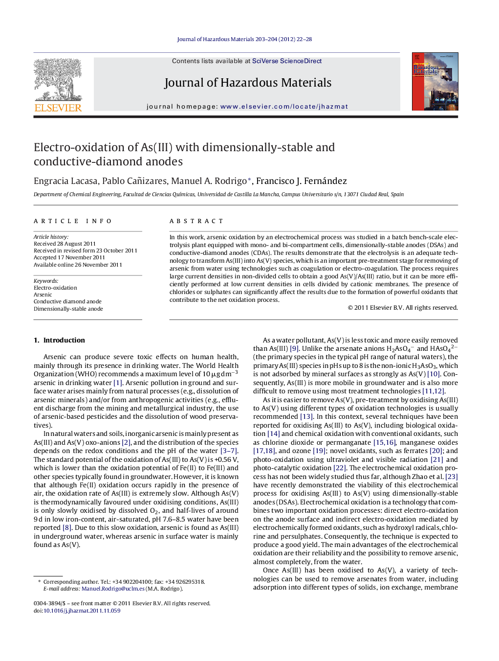 Electro-oxidation of As(III) with dimensionally-stable and conductive-diamond anodes