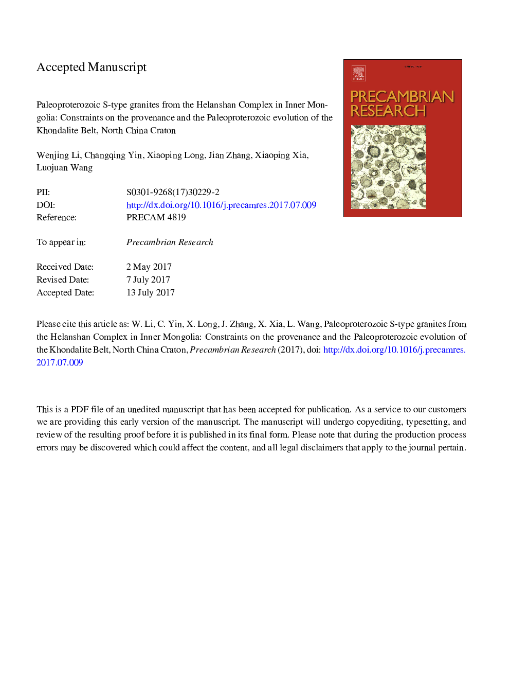 Paleoproterozoic S-type granites from the Helanshan Complex in Inner Mongolia: Constraints on the provenance and the Paleoproterozoic evolution of the Khondalite Belt, North China Craton