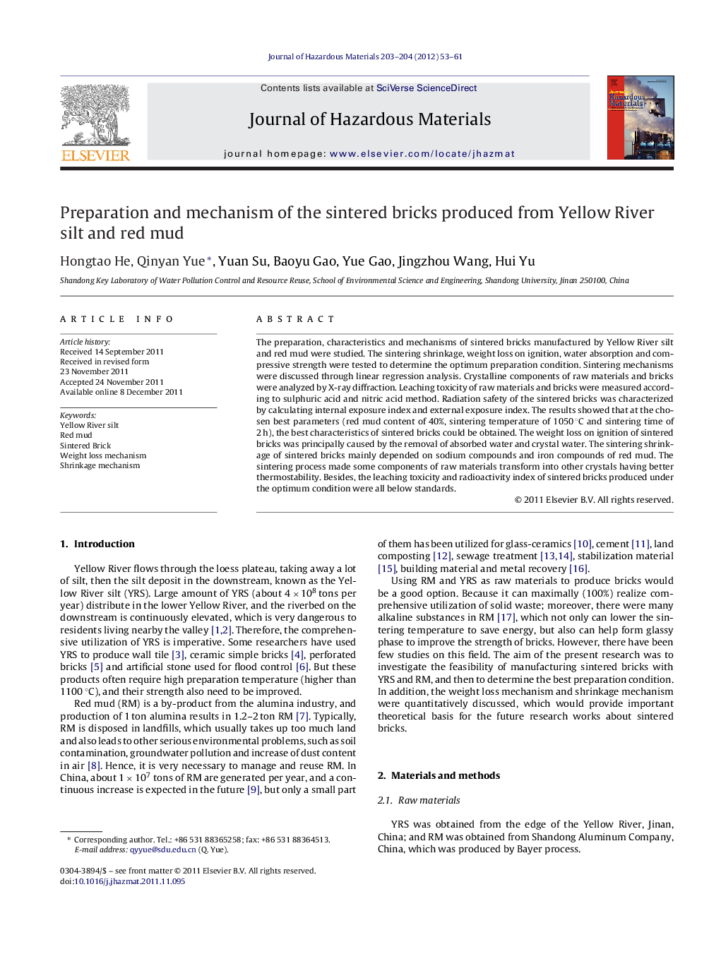 Preparation and mechanism of the sintered bricks produced from Yellow River silt and red mud