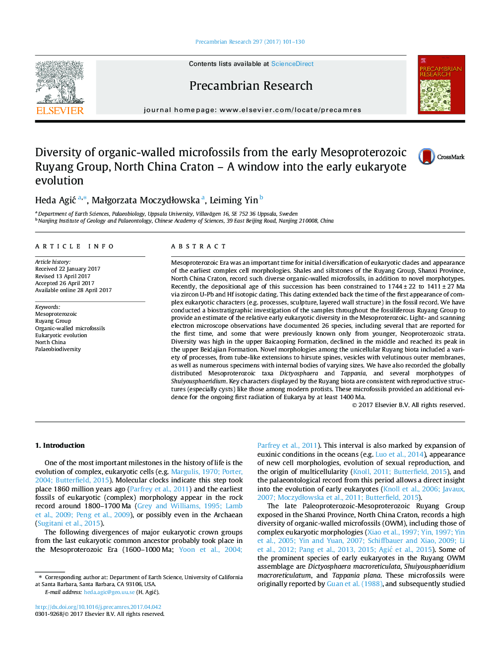 Diversity of organic-walled microfossils from the early Mesoproterozoic Ruyang Group, North China Craton - A window into the early eukaryote evolution