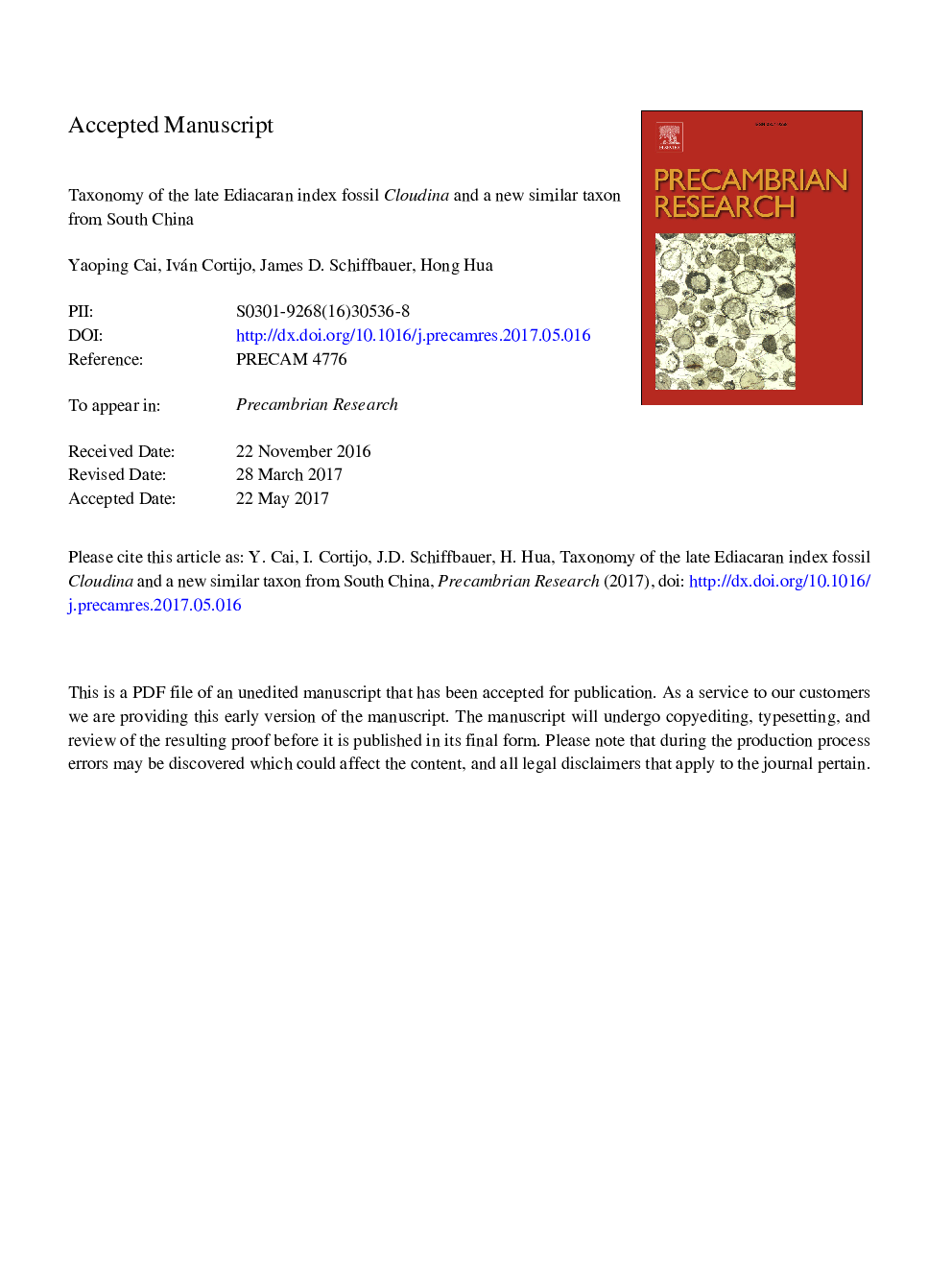 Taxonomy of the late Ediacaran index fossil Cloudina and a new similar taxon from South China