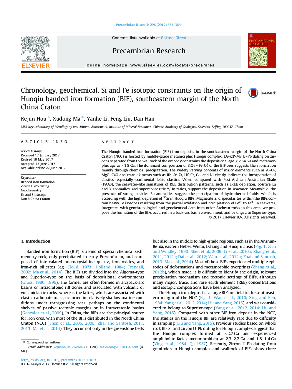Chronology, geochemical, Si and Fe isotopic constraints on the origin of Huoqiu banded iron formation (BIF), southeastern margin of the North China Craton