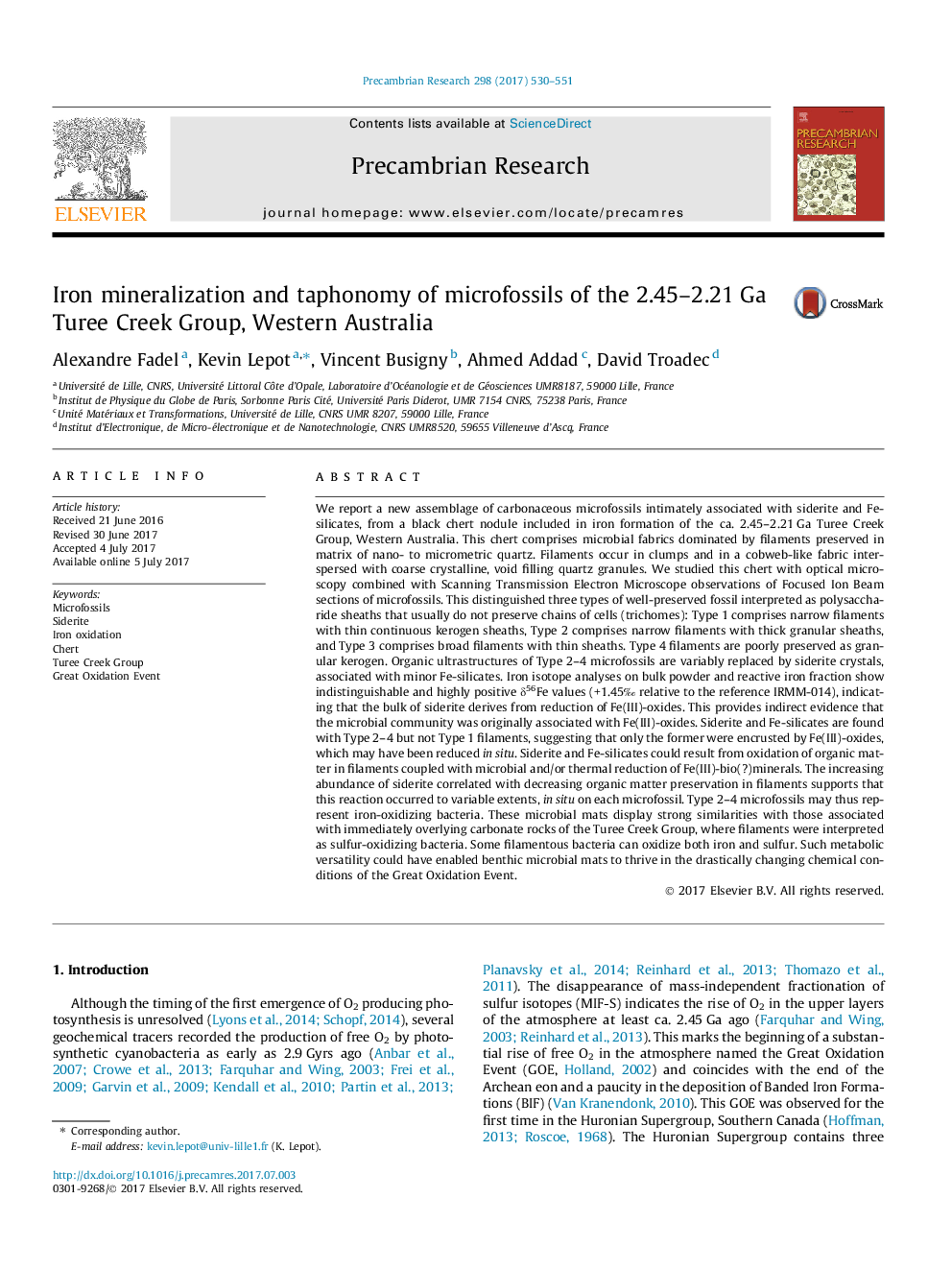 عکس صفحه اول مقاله: Iron mineralization and taphonomy of microfossils of the 2.45-2.21Â Ga Turee Creek Group, Western Australia Iron mineralization and taphonomy of microfossils of the 2.45-2.21Â Ga Turee Creek Group, Western Australia