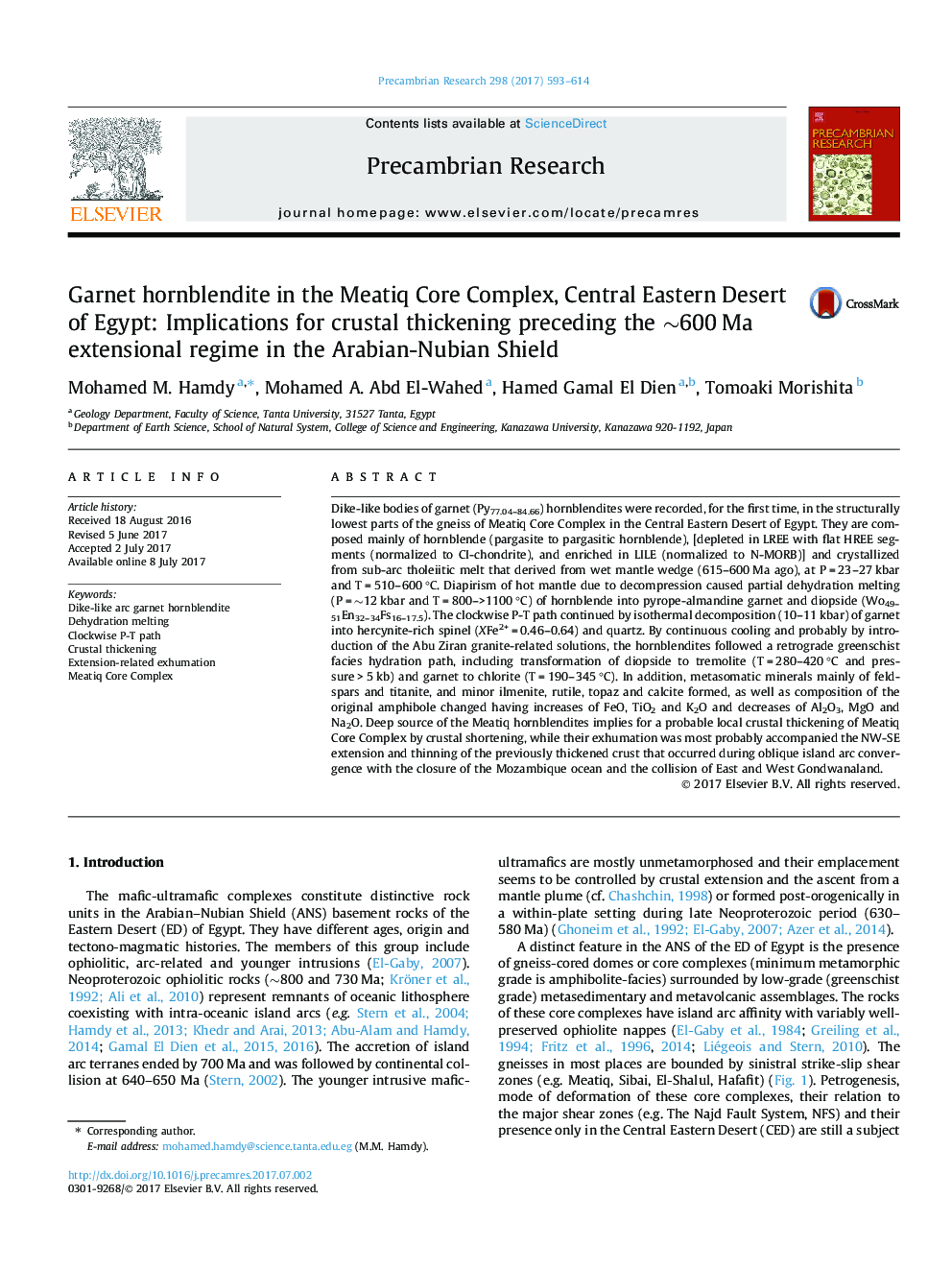 Garnet hornblendite in the Meatiq Core Complex, Central Eastern Desert of Egypt: Implications for crustal thickening preceding the â¼600Â Ma extensional regime in the Arabian-Nubian Shield