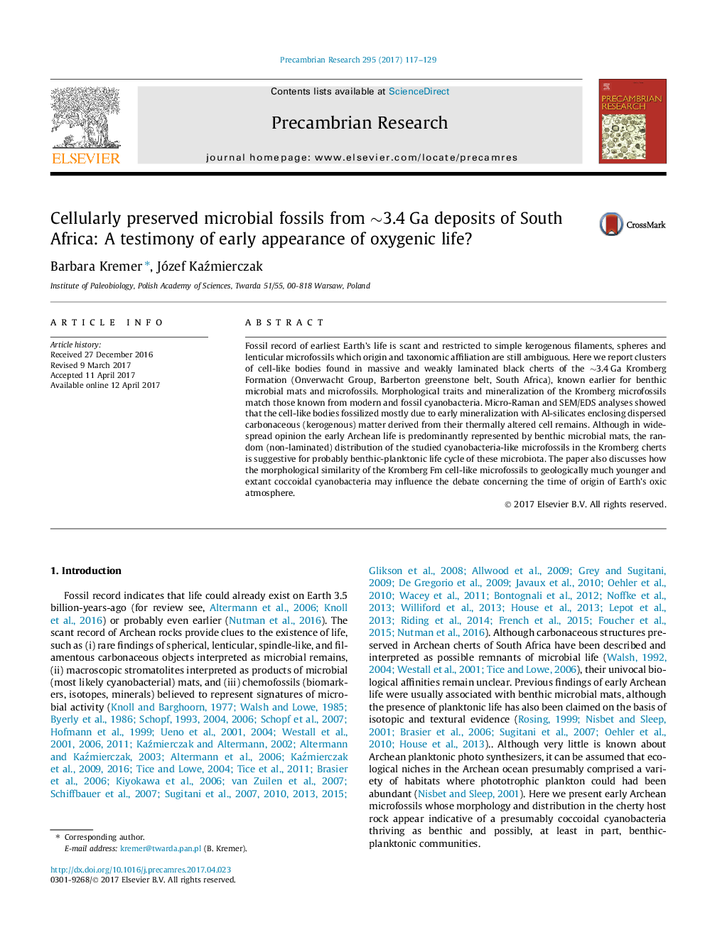 Cellularly preserved microbial fossils from â¼3.4Â Ga deposits of South Africa: A testimony of early appearance of oxygenic life?