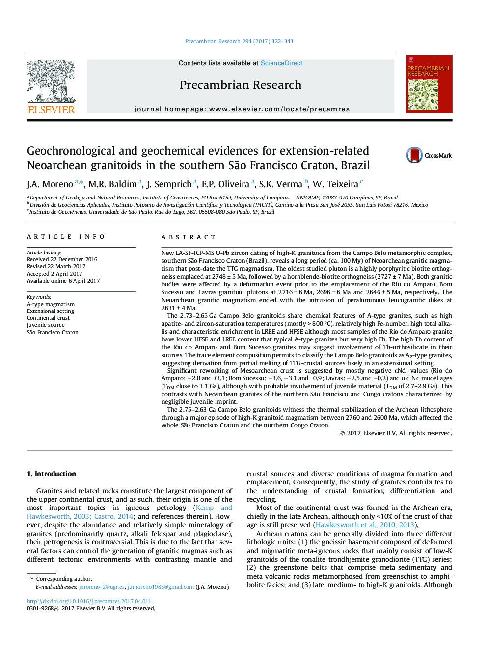 Geochronological and geochemical evidences for extension-related Neoarchean granitoids in the southern SÃ£o Francisco Craton, Brazil