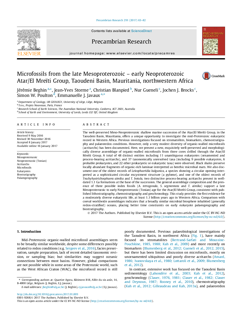 Microfossils from the late Mesoproterozoic - early Neoproterozoic Atar/El Mreïti Group, Taoudeni Basin, Mauritania, northwestern Africa