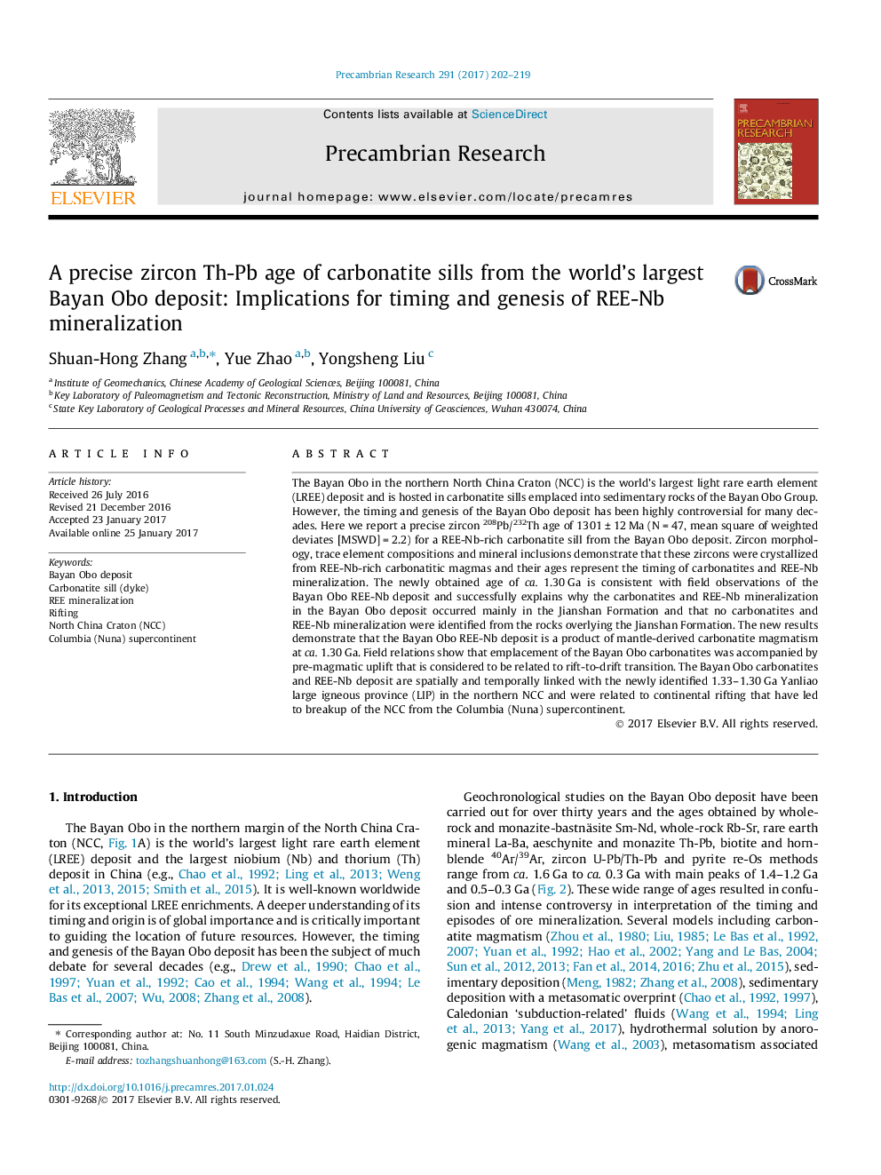 عکس صفحه اول مقاله: A precise zircon Th-Pb age of carbonatite sills from the world's largest Bayan Obo deposit: Implications for timing and genesis of REE-Nb mineralization A precise zircon Th-Pb age of carbonatite sills from the world's largest Bayan Obo deposit: Implications for timing and genesis of REE-Nb mineralization
