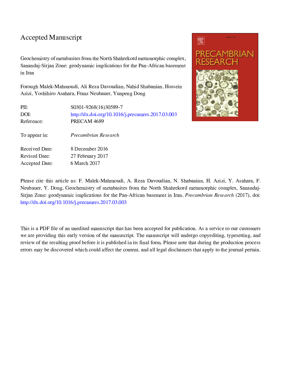 Geochemistry of metabasites from the North Shahrekord metamorphic complex, Sanandaj-Sirjan Zone: Geodynamic implications for the Pan-African basement in Iran