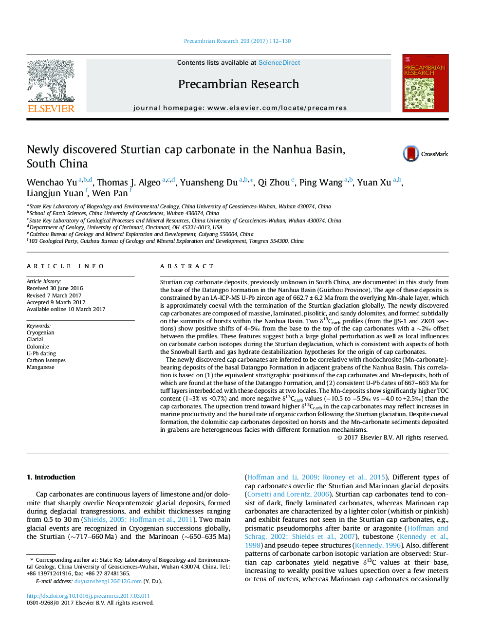 Newly discovered Sturtian cap carbonate in the Nanhua Basin, South China