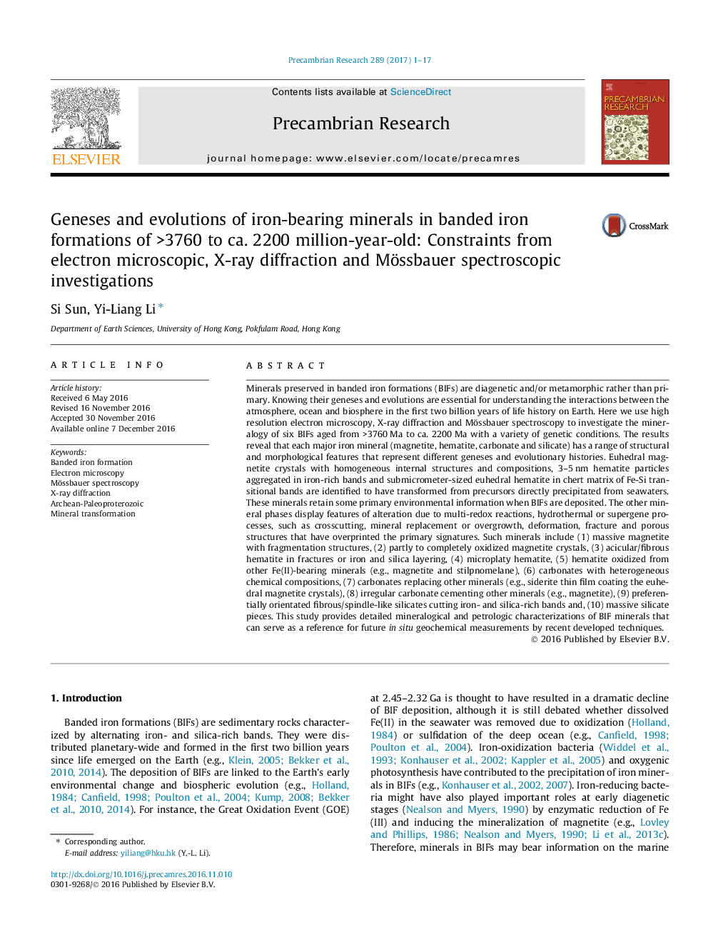 عکس صفحه اول مقاله: Geneses and evolutions of iron-bearing minerals in banded iron formations of >3760 to ca. 2200 million-year-old: Constraints from electron microscopic, X-ray diffraction and Mössbauer spectroscopic investigations Geneses and evolutions of iron-bearing minerals in banded iron formations of >3760 to ca. 2200 million-year-old: Constraints from electron microscopic, X-ray diffraction and Mössbauer spectroscopic investigations