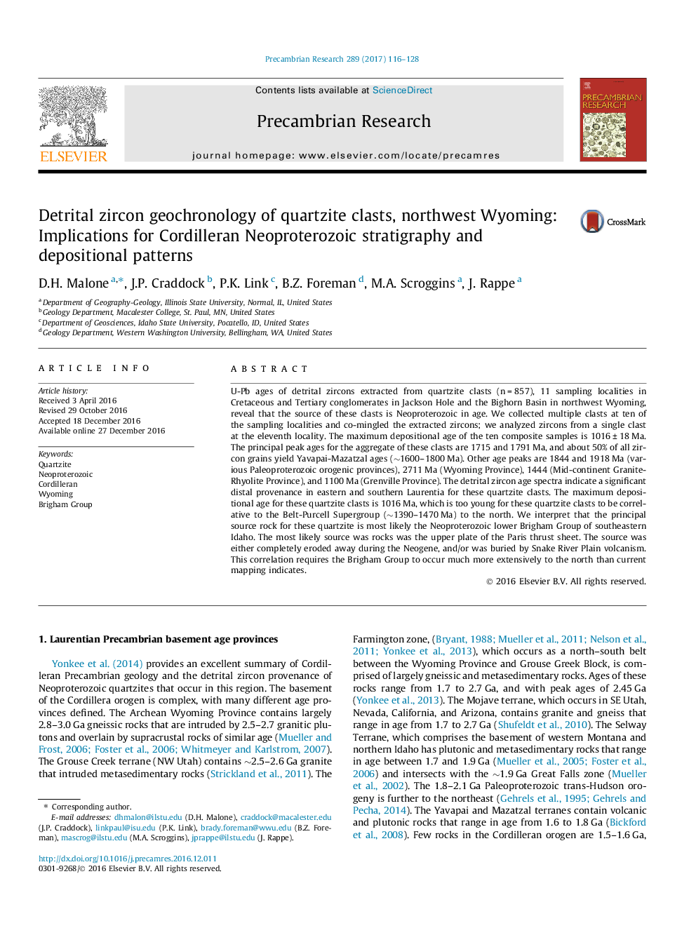 Detrital zircon geochronology of quartzite clasts, northwest Wyoming: Implications for Cordilleran Neoproterozoic stratigraphy and depositional patterns