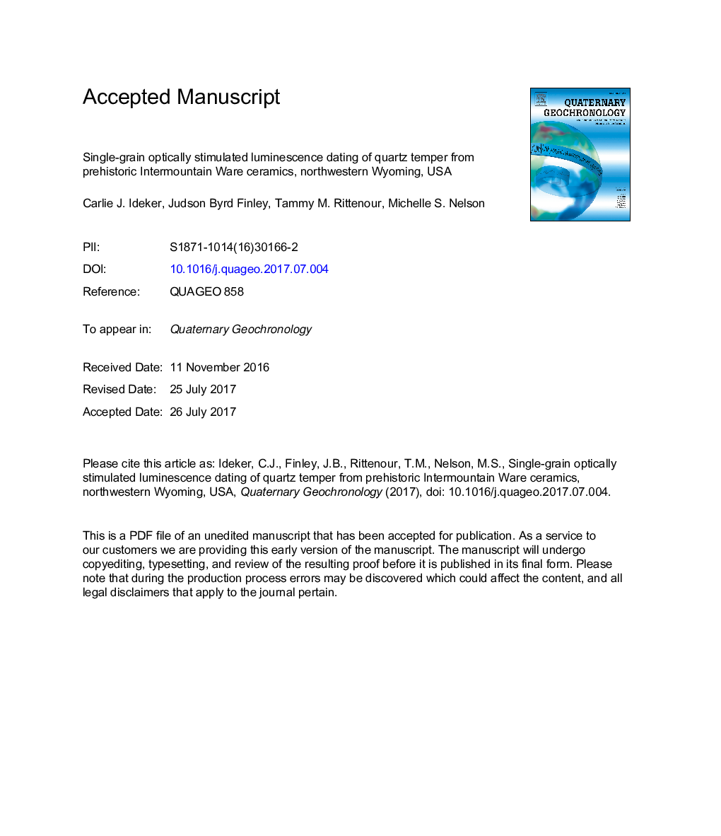 Single-grain optically stimulated luminescence dating of quartz temper from prehistoric Intermountain Ware ceramics, northwestern Wyoming, USA