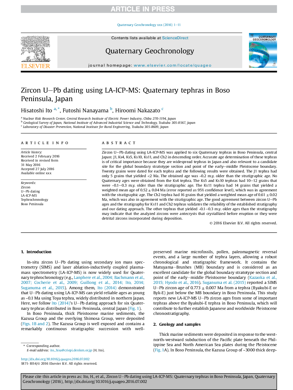 Zircon U-Pb dating using LA-ICP-MS: Quaternary tephras in Boso Peninsula, Japan