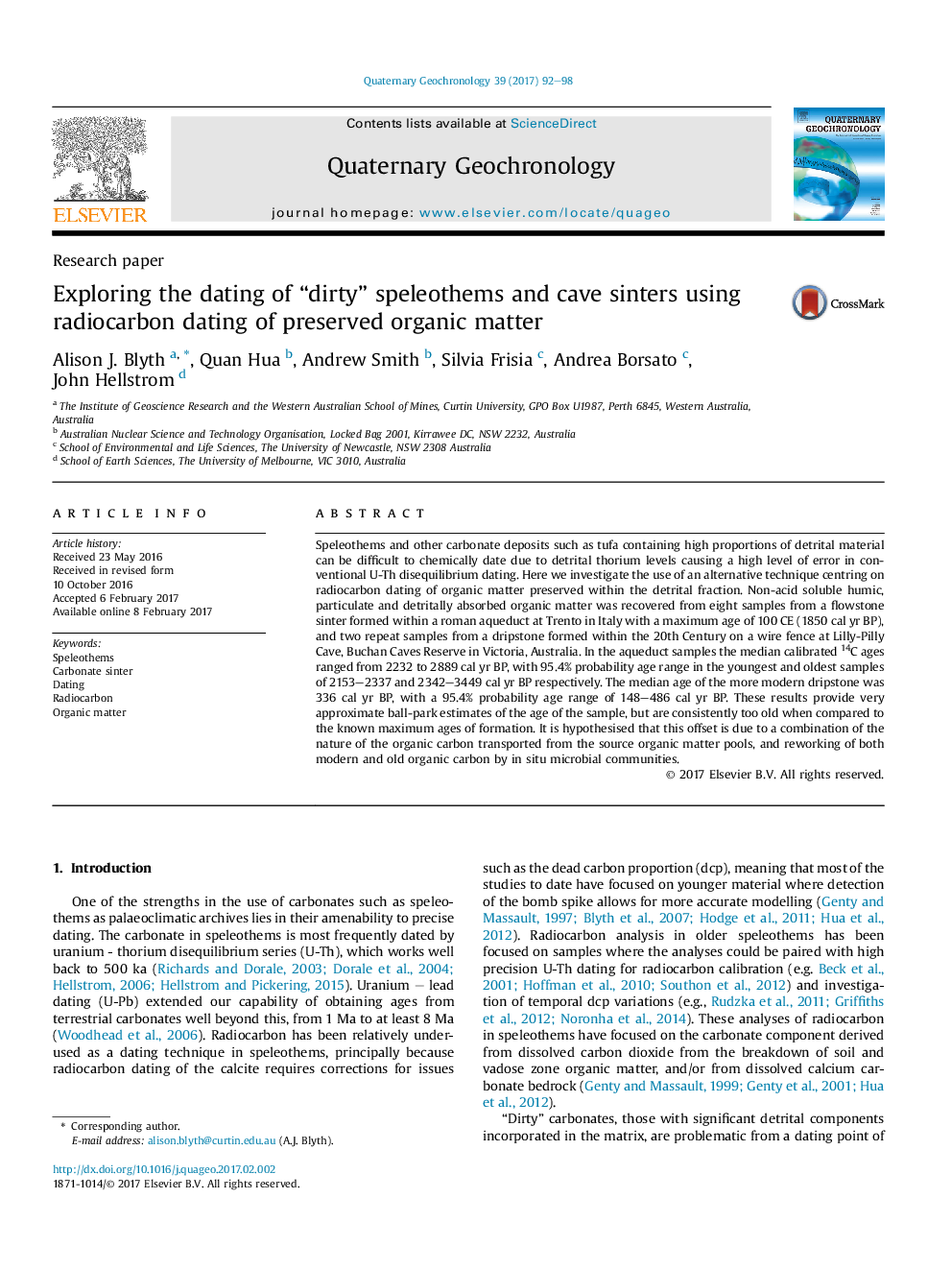 Exploring the dating of “dirty” speleothems and cave sinters using radiocarbon dating of preserved organic matter