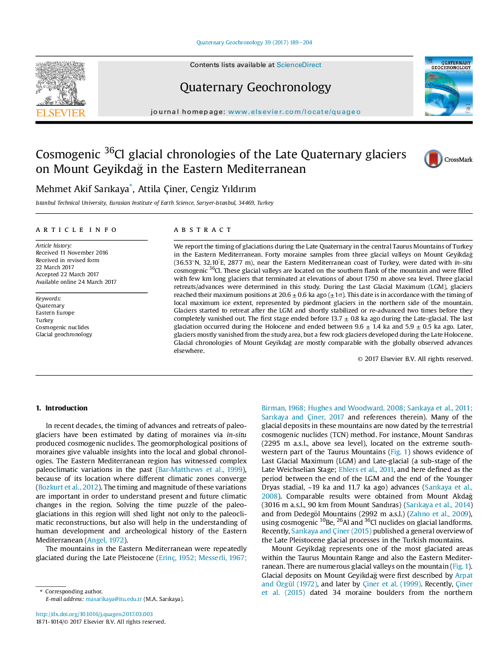 Cosmogenic 36Cl glacial chronologies of the Late Quaternary glaciers on Mount GeyikdaÄ in the Eastern Mediterranean