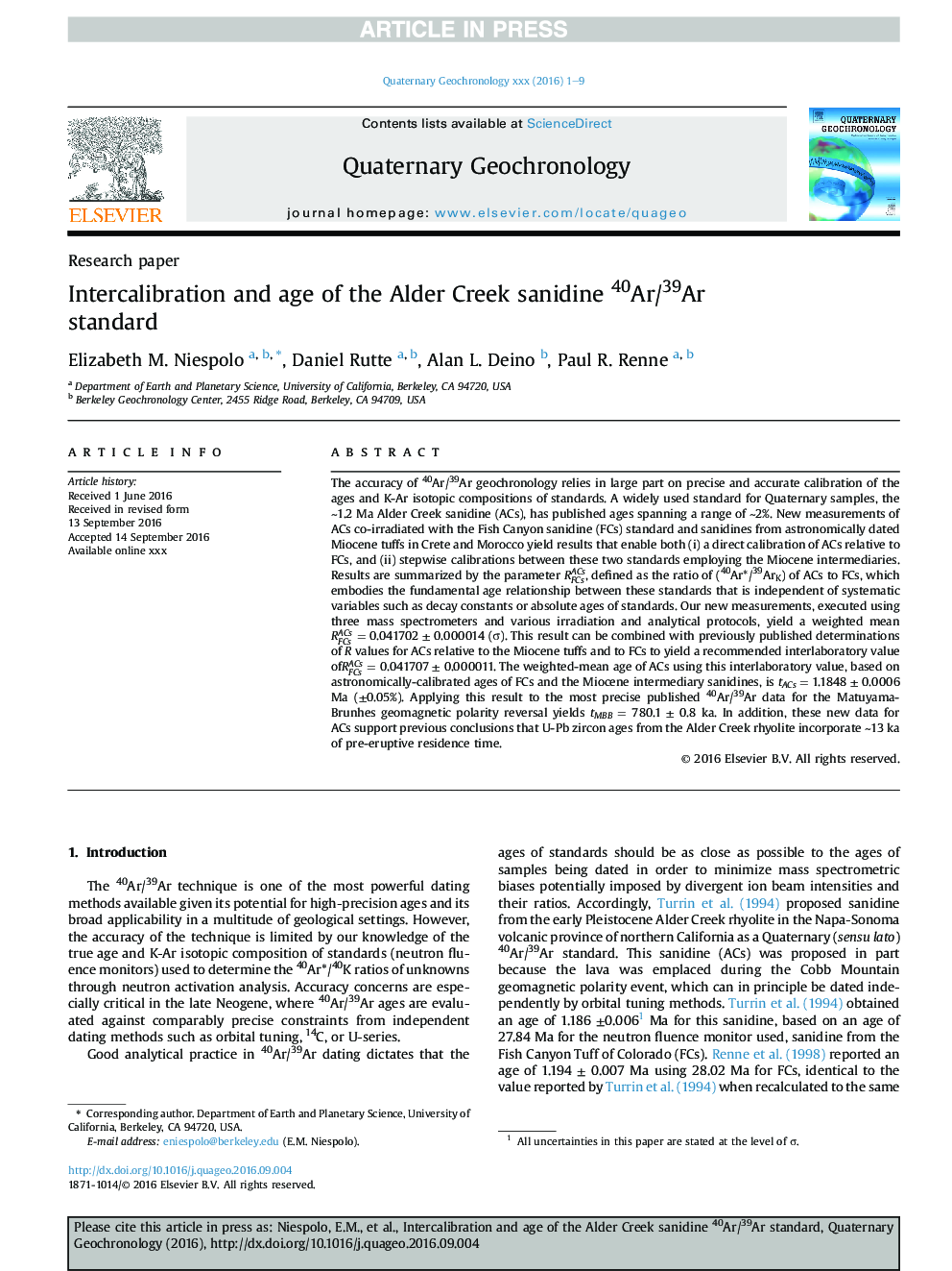 Intercalibration and age of the Alder Creek sanidine 40Ar/39Ar standard