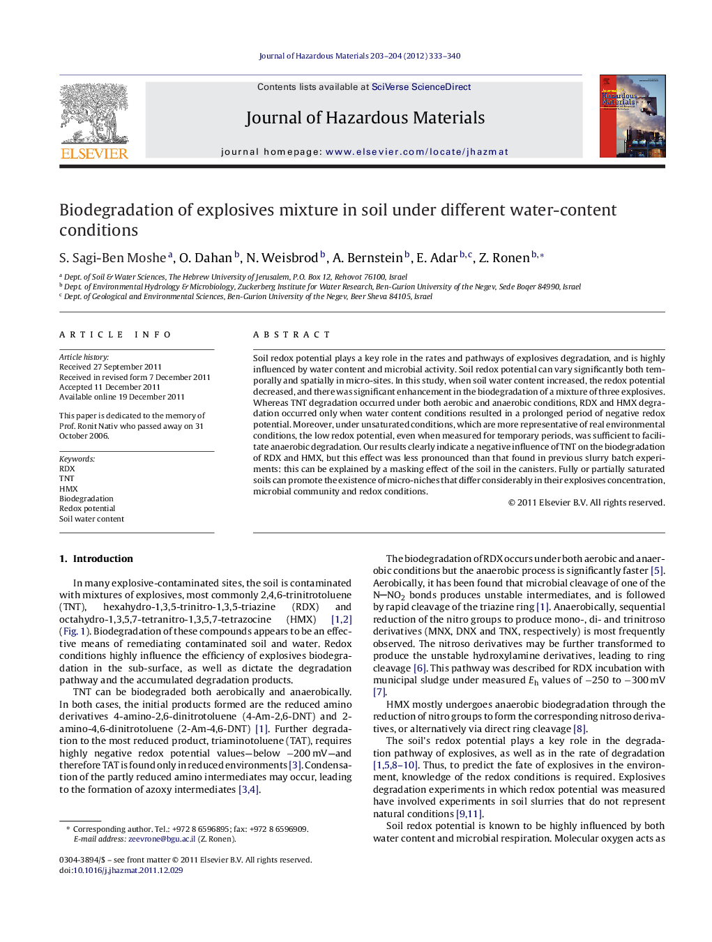 Biodegradation of explosives mixture in soil under different water-content conditions