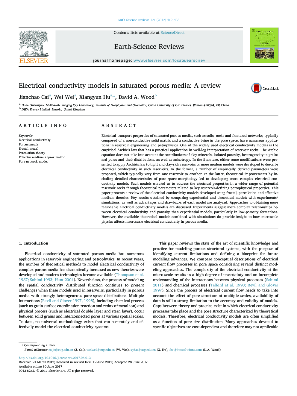 Electrical conductivity models in saturated porous media: A review